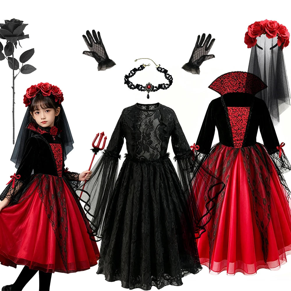 Vampire Bride Costume - Costume + Fangs + Fake Blood - Halloween pack