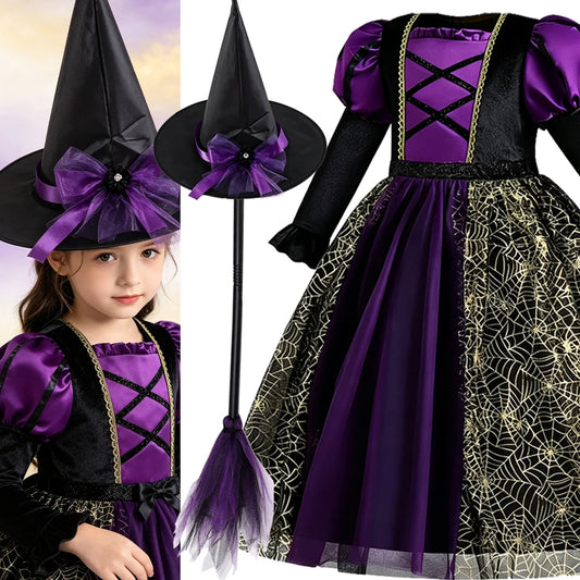 Gothic Witch Costume - Costume + Hat + Witch Broom - Halloween pack