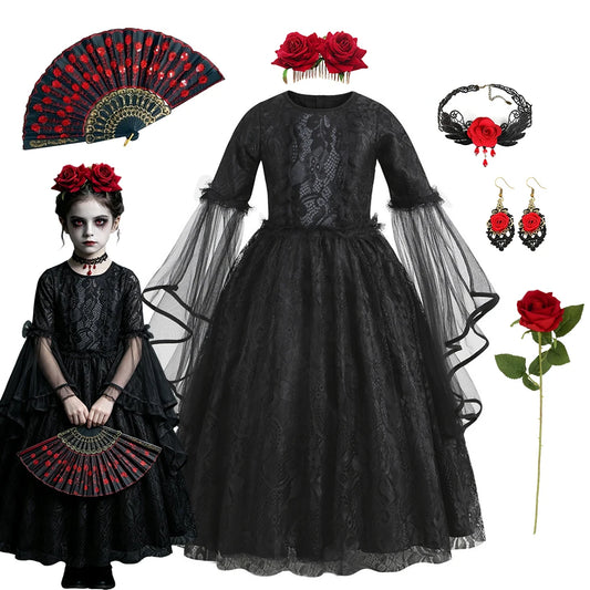 Gothic Vampire Costume - Costume + Fangs + Fake Blood - Halloween pack